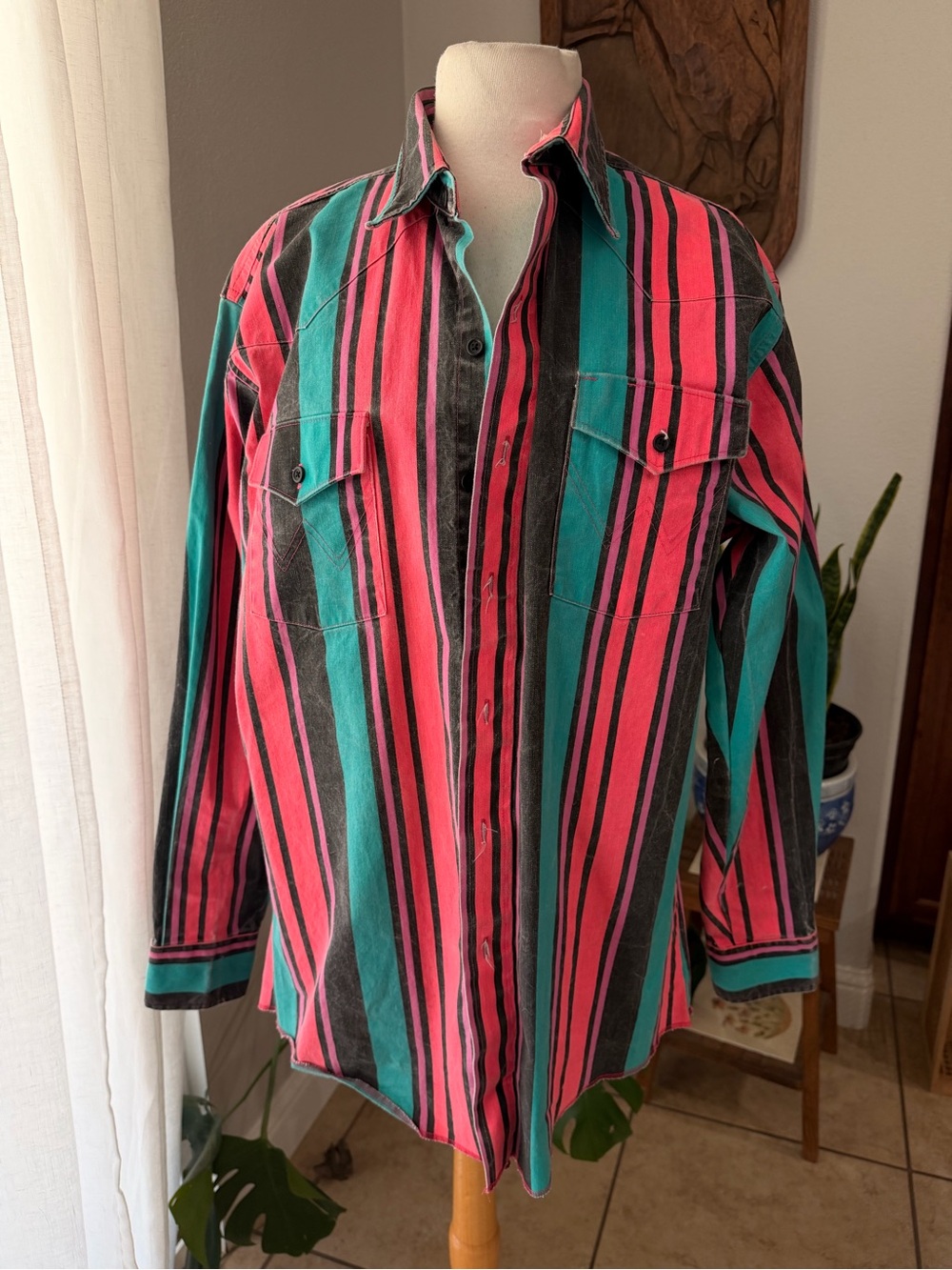Vintage Wrangler Western Striped Pearl Snap Shirt Pink Teal Men's XL